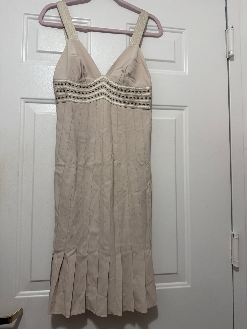 Catherine Malandrino Beige Perforated Pleated Midi Dress